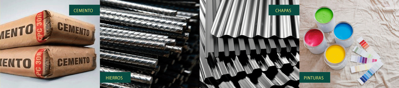 Banner con los siguientes productos: Cemento, Hierros, Chapas, Pinturas
