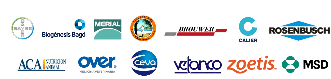 banner con las siguientes marcas: Bayer,biogénesis Bagó, Merial, Laboratiorios Allignani Hns S.R.L, Brouwer, Calier, Rosenbusch, ACA Nutricion Animal, Over Medicina Veterinaria, Ceva; Vetanco, Zoetis,MSD